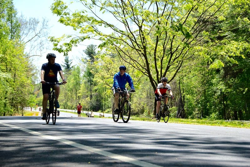 Three people riding bicycles through the accessible trails of Montgomery Parks in the woods.