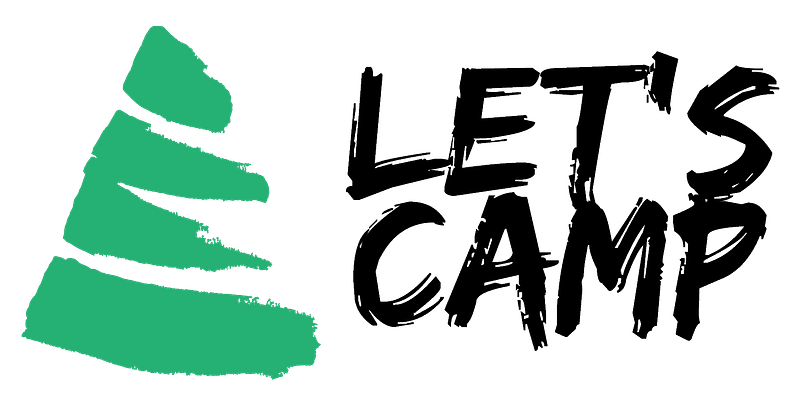 Let's camp logo on a green background for camp reservations software.
