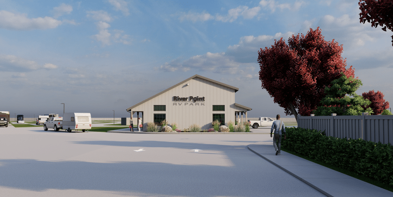 A rendering of an RV park with Oregon's Ontario City in the background.
