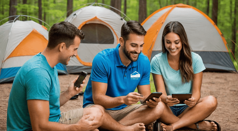 Three people sitting in front of a tent at the Social Savvy Campground looking at their phones.