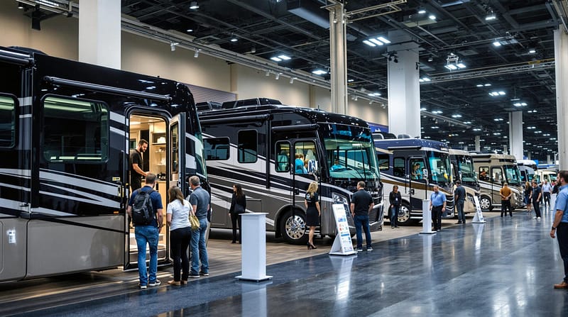 Indoor convention center showcasing modern RVs with visitors exploring the interiors under bright overhead lighting.
