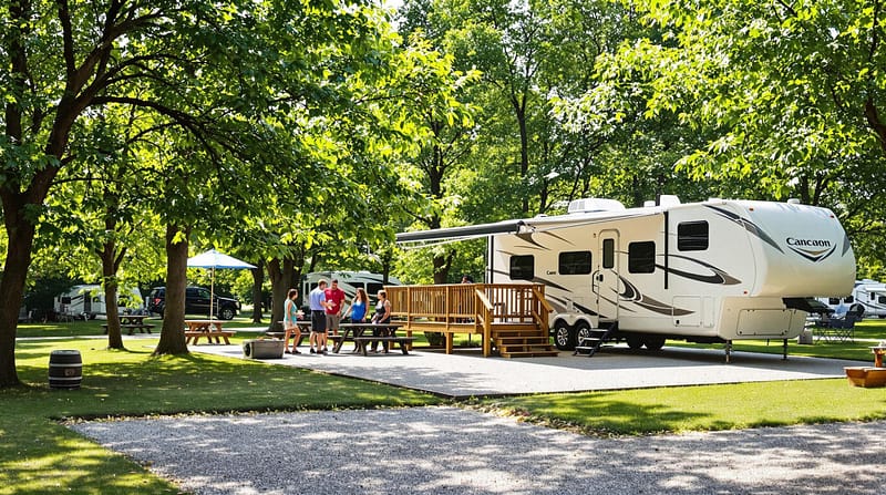 A modern RV parked in a lush, tree-lined campground with a fresh wooden porch and picnic tables, depicting an inviting and renovated outdoor setting.