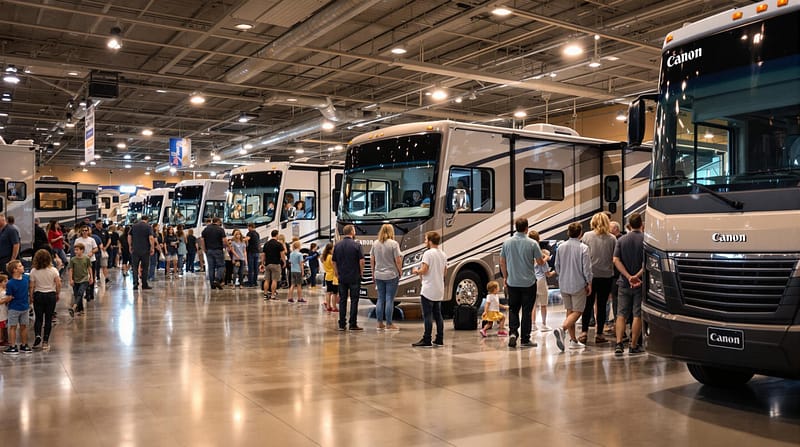 A well-lit convention hall featuring modern recreational vehicles on display, with families and individuals exploring the exhibits. The setting is neutral with no identifiable logos, capturing the bustling and inviting atmosphere of an RV show.