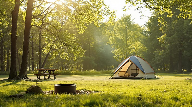 A campsite in a park setting featuring a pitched tent on grass, a nearby picnic table, and a fire ring, surrounded by generic trees with soft morning light.