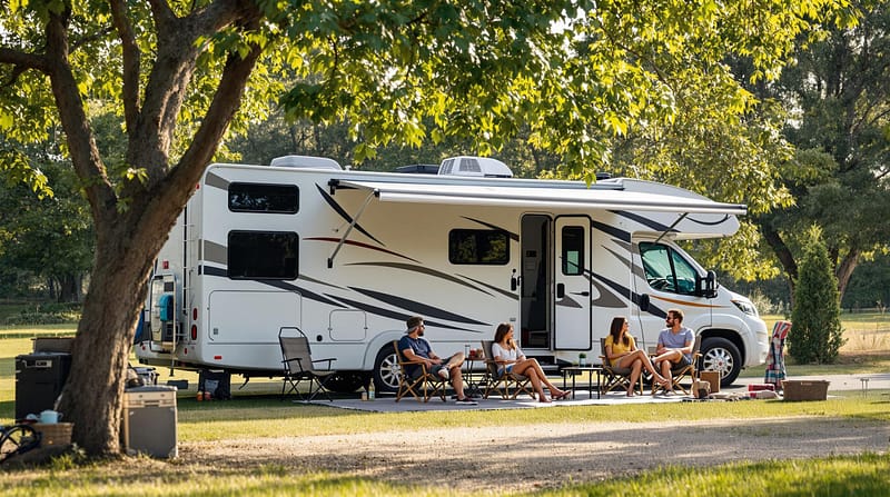 A sleek modern RV set up at a campground surrounded by trees and greenery, with a group of travelers enjoying casual outdoor seating in a relaxed, vacation-like atmosphere.