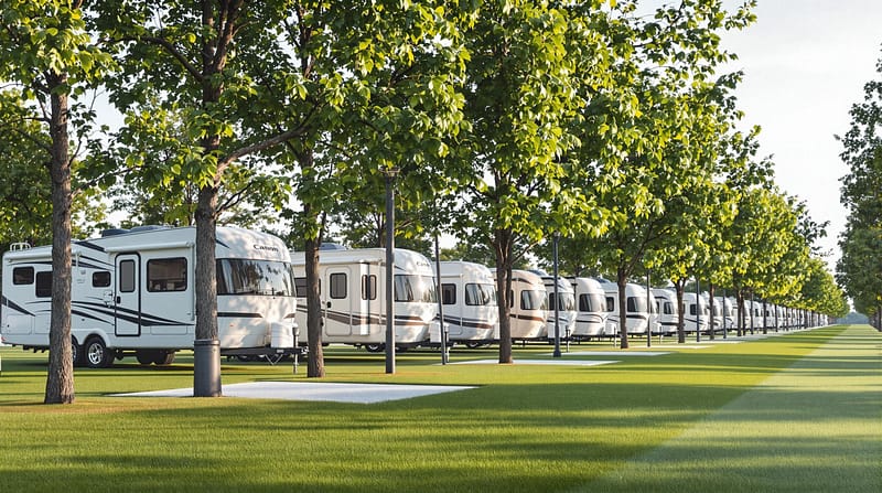 A scenic view of modern RV sites on a grassy campground, bordered by tall trees under a clear sky, showcasing well-maintained spaces with utility hookups in a serene, welcoming atmosphere.