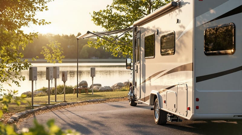 A modern RV parked next to upgraded electrical pedestals at a generic waterfront campsite, surrounded by lush greenery with calm water in the background, captured in warm daylight.