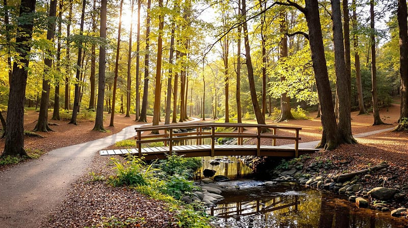 A tranquil forested park scene with tall trees, a well-maintained trail, and a small wooden footbridge crossing a shallow creek, illuminated by warm late-afternoon sunlight.