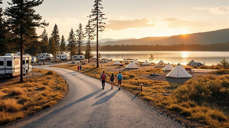 A family walks along a new gravel trail through a lakeside campground with RV pads, tent sites, and pine trees in early morning light.