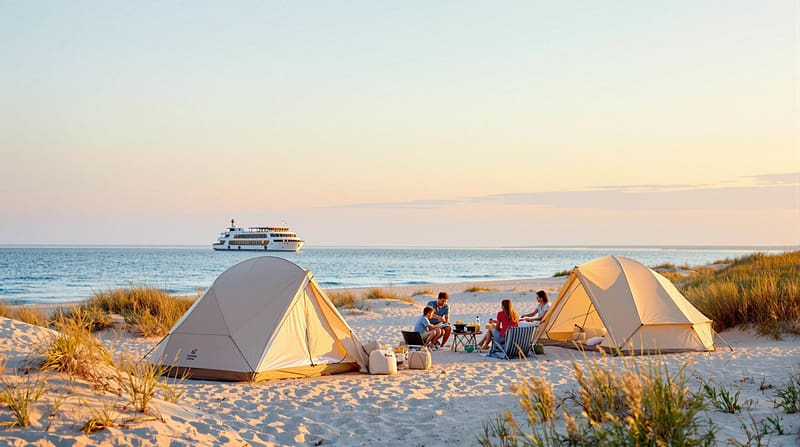 Family camping at a coastal site at sunrise with tents, camping gear, and a small ferry crossing calm water in the background, soft dunes and trees visible under a pastel sky.