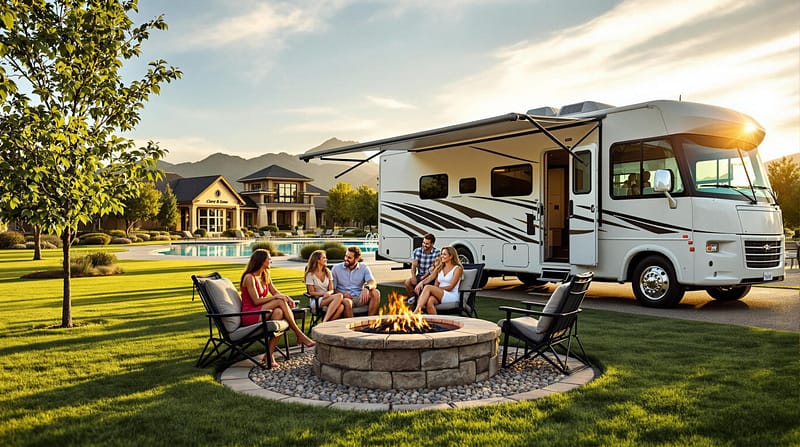 Smiling family with golden retriever relaxing by RV and fire pit at a generic, modern resort with pool and clubhouse on a sunny day