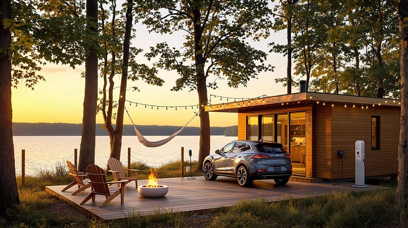 Modern glamping cabin with large windows and lakefront deck, Adirondack chairs around a fire pit, string lights, hammock, and electric SUV charger surrounded by trees at sunset