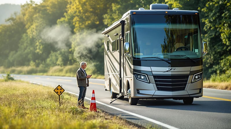 A luxury motorhome with its front panel open is parked on a roadside surrounded by greenery. A concerned middle-aged traveler stands beside the vehicle holding a smartphone, with an orange safety cone nearby, under soft late-afternoon light.