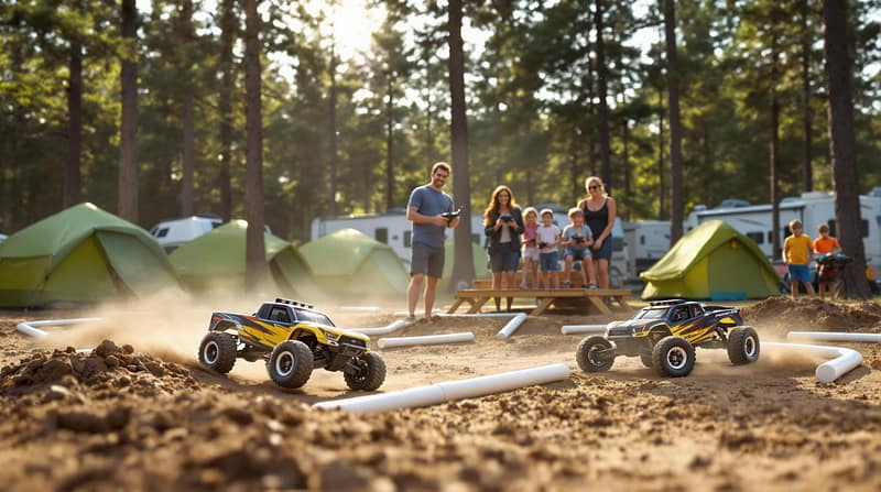 Family standing on platform controls RC cars racing on a small dirt track at a campground surrounded by pine trees and tents in warm sunlight.