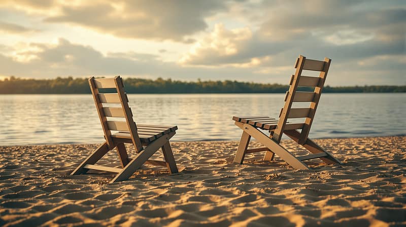 Empty wooden lifeguard chair facing calm lake at sunset, sandy shore in foreground, blurred treeline and soft clouds in background