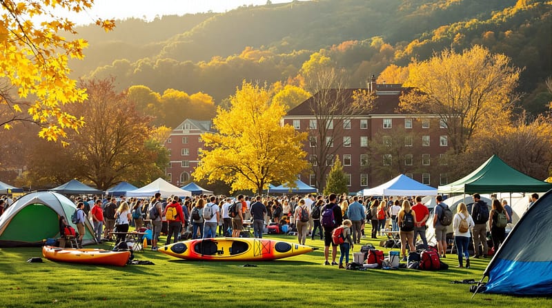 A diverse group of people gather on a grassy campus lawn surrounded by trees, outdoor gear, and tents, engaging in activities under soft golden sunlight with a generic academic building in the background.