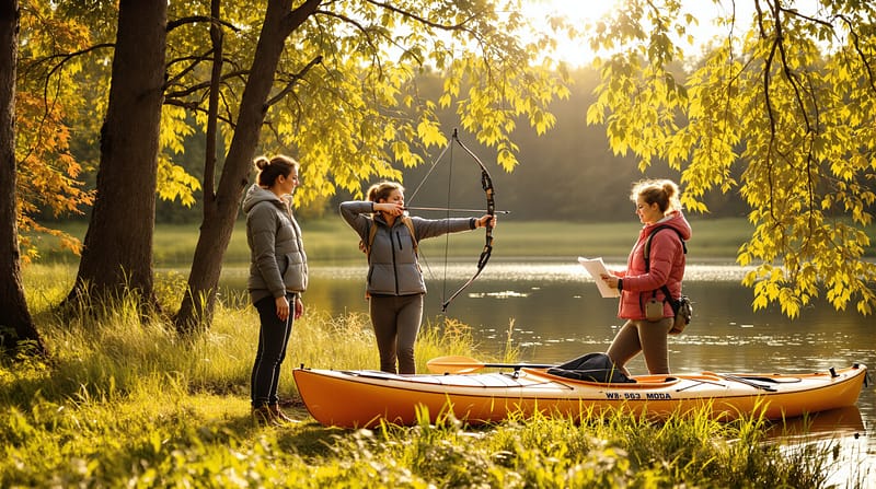 Several women learn outdoor skills by a pond, including archery and kayaking, with an instructor guiding them on a sunny autumn afternoon in a generic natural setting.
