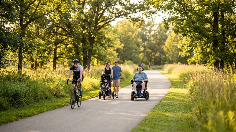 Cyclist riding on a paved multi-use trail alongside a man in a motorized wheelchair and a couple pushing a baby stroller through a sunlit park lined with trees