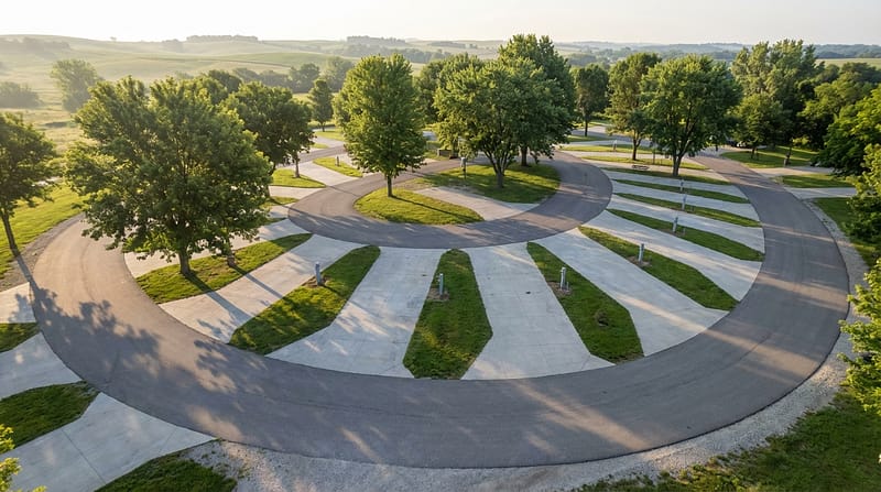 Aerial view of a circular RV campground loop featuring angled concrete parking pads and electric hookups surrounded by mature green trees and rolling hills in the soft morning light.