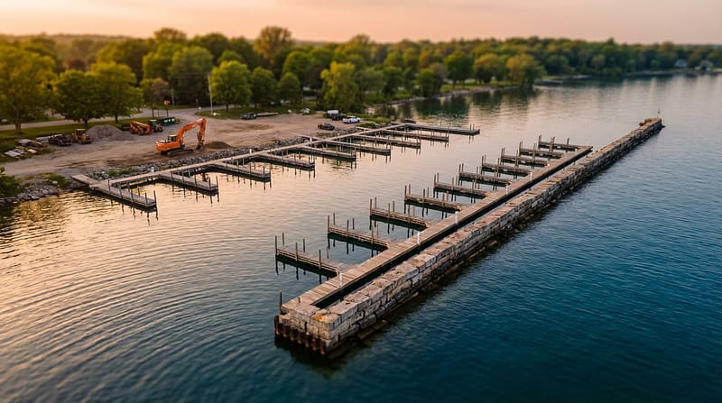 Aerial view of a marina under construction at sunset, showing empty wooden boat slips attached to a long stone breakwall and an orange excavator working on the tree-lined shore.