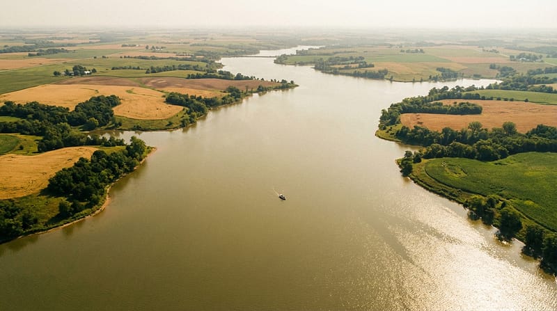 Aerial view of a wide river winding through patchwork green and golden agricultural fields with a small boat navigating the calm, sunlit water in a hazy rural landscape.