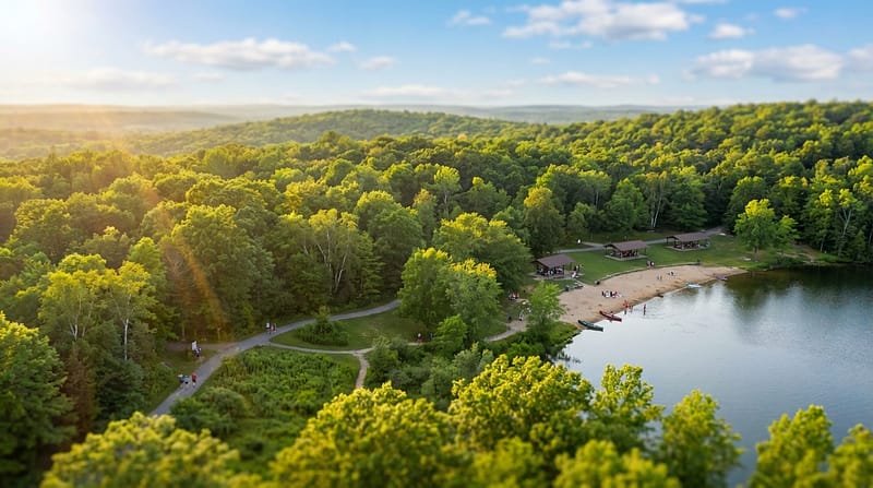 Aerial view of a lush green park landscape featuring a sandy beach on a lake, picnic pavilions, and paved walking trails winding through dense forest under golden sunlight