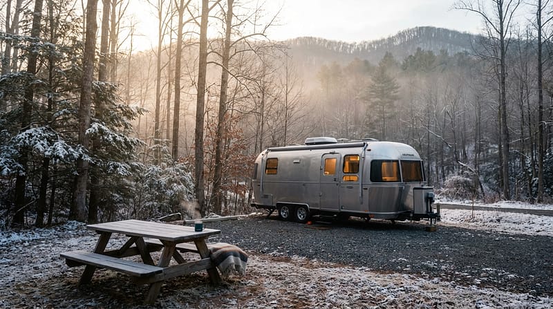 Silver Airstream travel trailer parked at a snowy campsite in a winter forest with golden sunlight filtering through the trees and misty mountains in the background. A wooden picnic table in the foreground features a steaming mug and a folded blanket, while warm yellow lights glow from inside the camper.