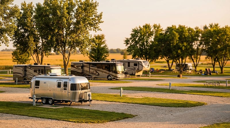 A shiny silver Airstream travel trailer parked on a gravel site in the foreground of a peaceful RV campground, with several large motorhomes and fifth-wheel campers parked under trees in the background during the golden hour.