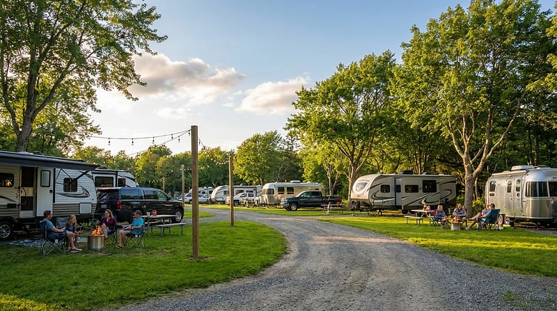 Families relaxing in lawn chairs outside travel trailers and RVs at a spacious, wooded campground with a gravel road winding through green grass and string lights overhead.