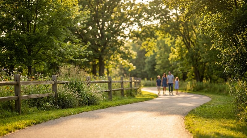 Sunlit paved walking trail winding through a lush green park with a rustic wooden fence and wildflowers in the foreground, leading toward a family of four walking in the distance.