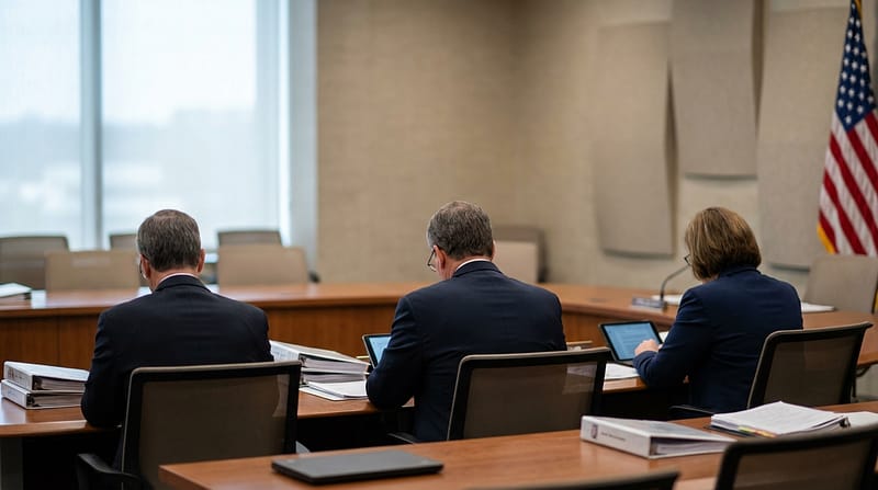 Rear view of three individuals in dark business suits seated at a curved wooden conference table with thick binders and tablets, set against a background featuring beige acoustic panels and an American flag.