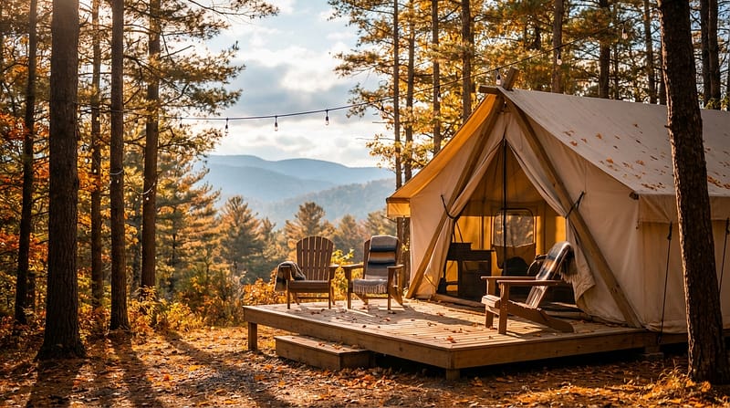 Large canvas glamping tent on a wooden deck with Adirondack chairs and blankets nestled in a pine forest with autumn foliage and hanging string lights overlooking blue mountains in the distance