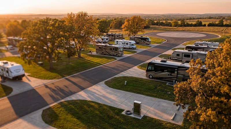 Aerial view of a luxury RV resort bathed in golden sunset light, featuring paved concrete pads with parked motorhomes and travel trailers surrounded by manicured lawns and trees with autumn foliage.