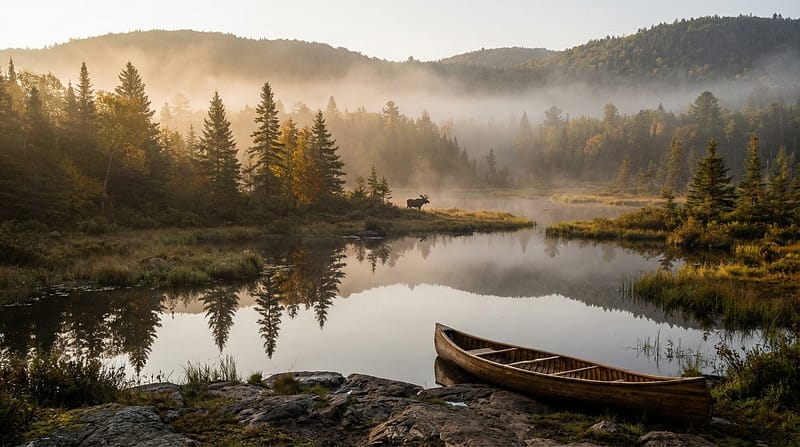 Wooden canoe resting on a rocky shore overlooking a misty lake at sunrise with a moose standing in the distance near a dense pine forest reflecting in the calm water