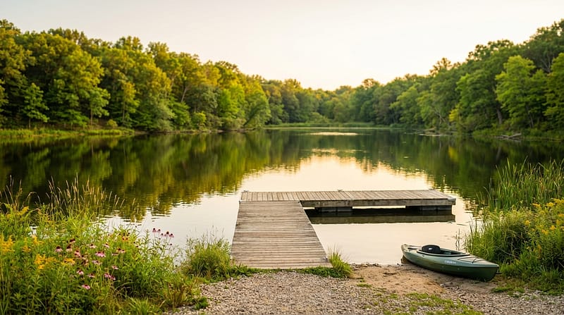 A green kayak sits on a rocky shore next to a wooden dock extending into a calm lake surrounded by dense green forest and wildflowers at sunset