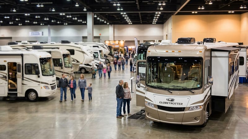 Attendees browsing recreational vehicles at a large indoor RV show, featuring a couple examining a beige Globetrotter motorhome in the foreground while families walk through the convention center aisles
