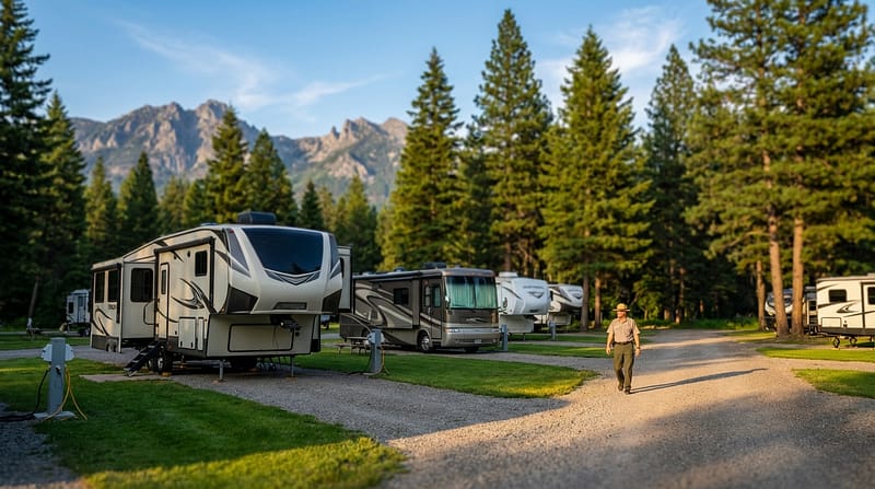 Uniformed park ranger walking along a gravel path in a scenic campground filled with modern RVs and motorhomes, surrounded by tall pine trees and rugged mountains under a blue sky