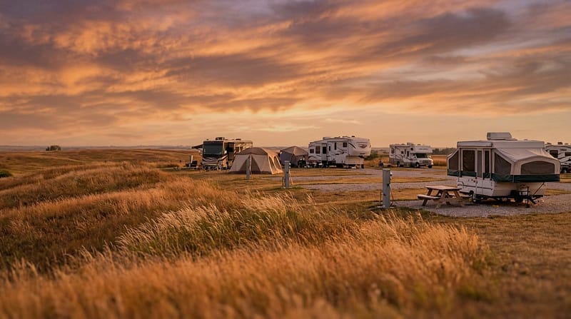 Row of recreational vehicles, a tent, and a pop-up camper parked at a prairie campground with tall golden grass in the foreground under a dramatic orange and purple sunset sky