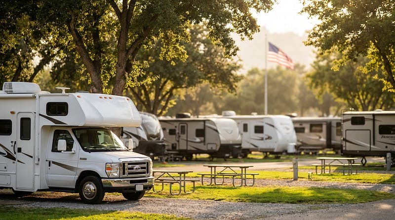 White Class C motorhome parked at a shaded campground with picnic tables, surrounded by a row of travel trailers and an American flag waving in the warm sunlight