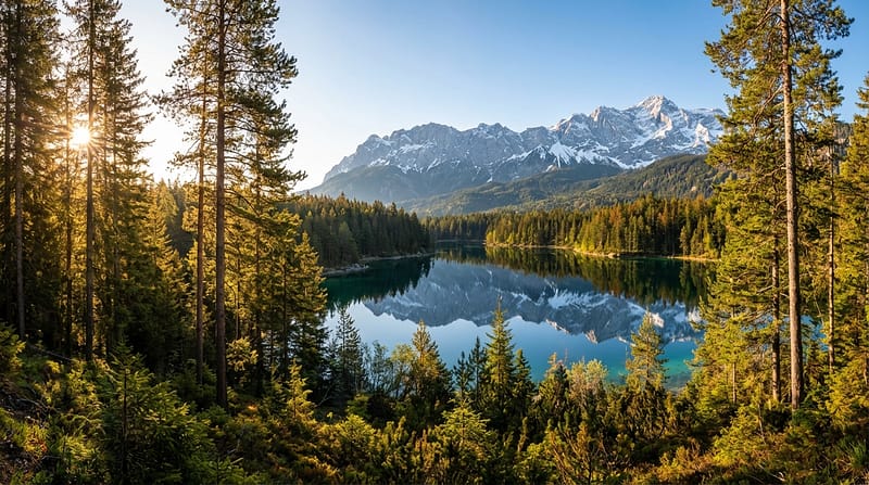 Sun shining through a dense pine forest framing the calm turquoise waters of Lake Eibsee with the snow-capped Zugspitze mountain range reflected on the surface