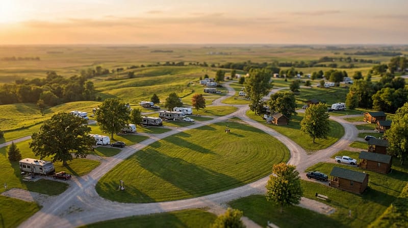Aerial view of a sprawling rural campground featuring parked RVs, travel trailers, and small wooden cabins situated along winding gravel roads amidst rolling green hills during a golden sunset