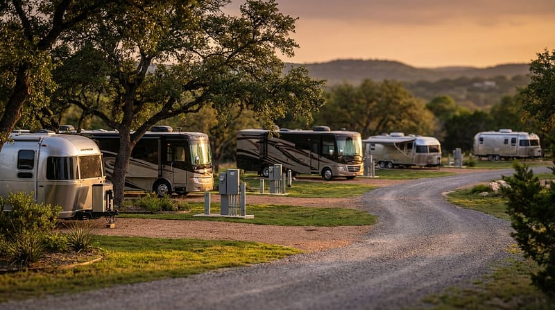 A gravel road winds through a scenic RV park featuring Airstream trailers and Class A motorhomes parked under large trees during a golden sunset with rolling hills in the background
