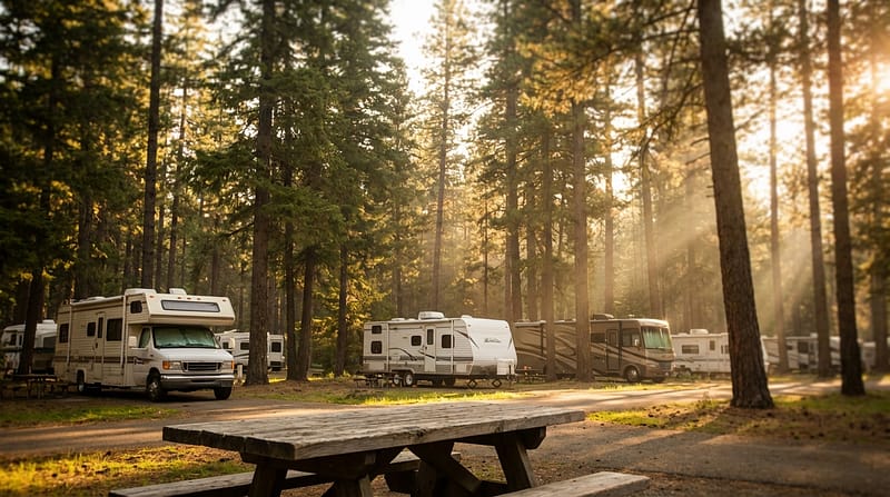 Sun rays stream through tall pine trees illuminating a peaceful RV campground filled with parked motorhomes and trailers, with a wooden picnic table in the foreground.