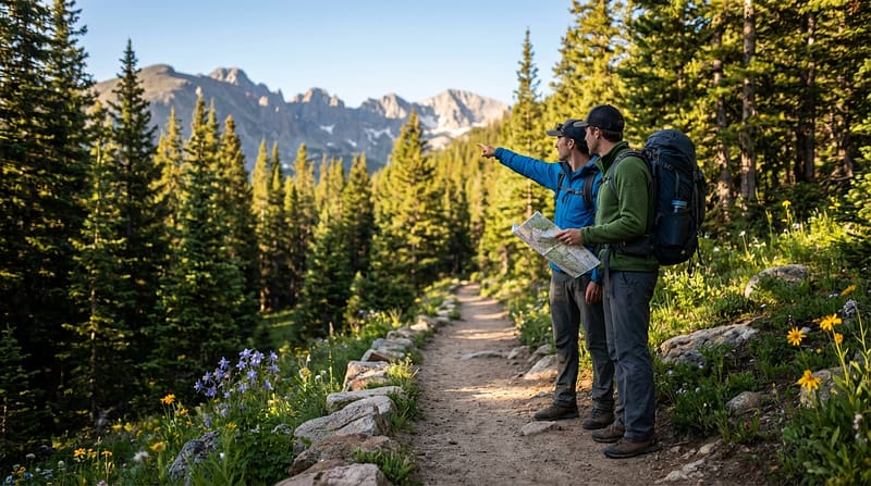 Two hikers wearing backpacks pause on a dirt trail lined with pine trees and wildflowers, with one man in a blue jacket pointing toward distant mountain peaks while his companion in green consults a map.