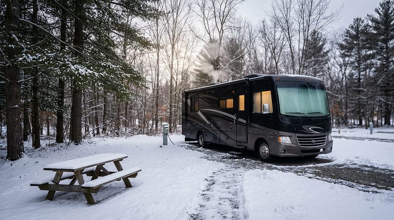 Large Class A motorhome parked at a snow-covered campsite in a forest with steam rising from the roof and warm light glowing from the windows near a snowy picnic table