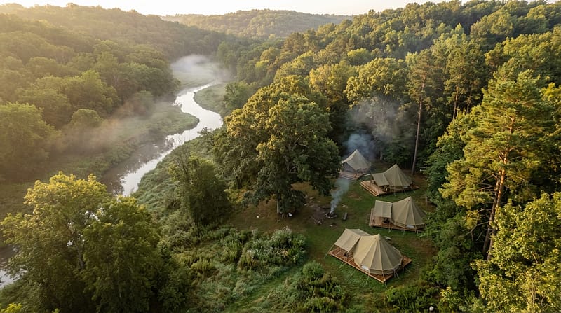 Aerial view of a glamping site in a lush forest featuring four canvas bell tents on wooden platforms, smoke rising from a campfire, and a winding river with morning mist