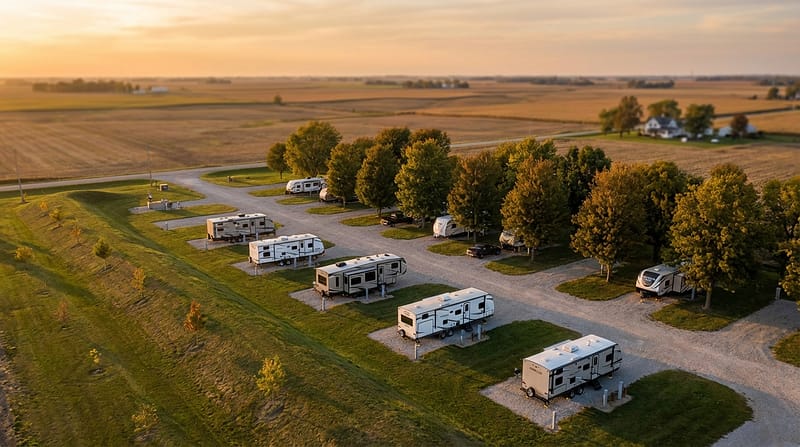 Aerial view of a rural RV park during sunset, showing rows of modern white travel trailers parked on gravel pads surrounded by green grass, trees, and expansive farm fields.