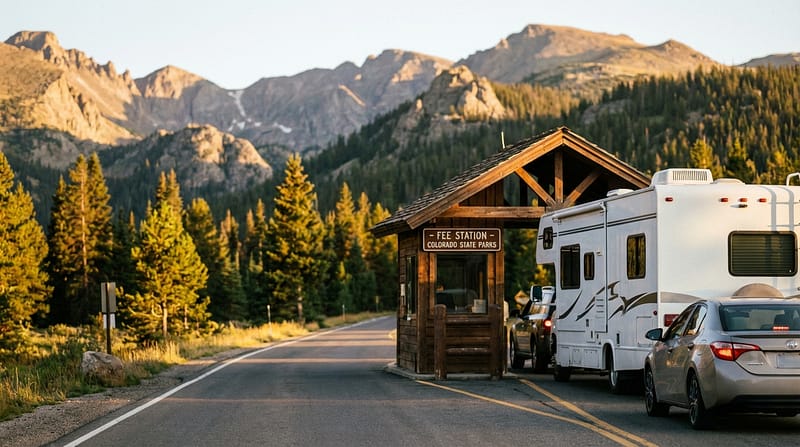 A silver car follows a white RV trailer through a wooden fee station entrance for Colorado State Parks, set against a backdrop of sunlit mountain peaks and dense pine forests