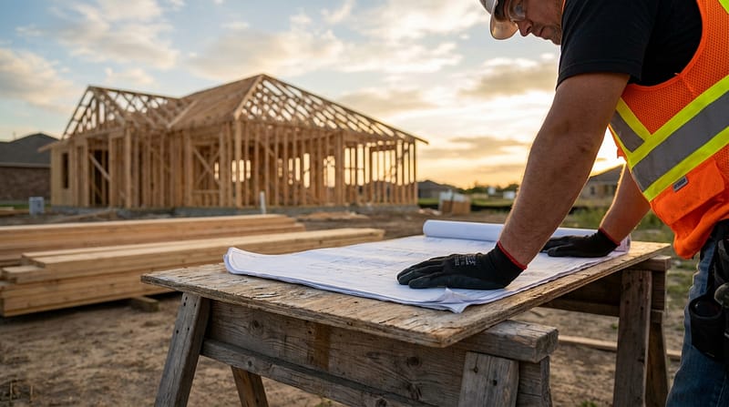 Construction worker wearing a high-visibility vest and hard hat reviewing blueprints on a wooden table in the foreground, with the wooden framing of a new house under construction in the background at sunset.