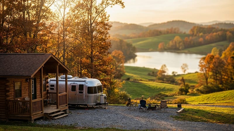 A small wooden cabin and a silver Airstream-style travel trailer parked at a gravel campsite overlooking a serene lake and rolling hills covered in vibrant autumn foliage during golden hour, with camping chairs arranged around a fire pit